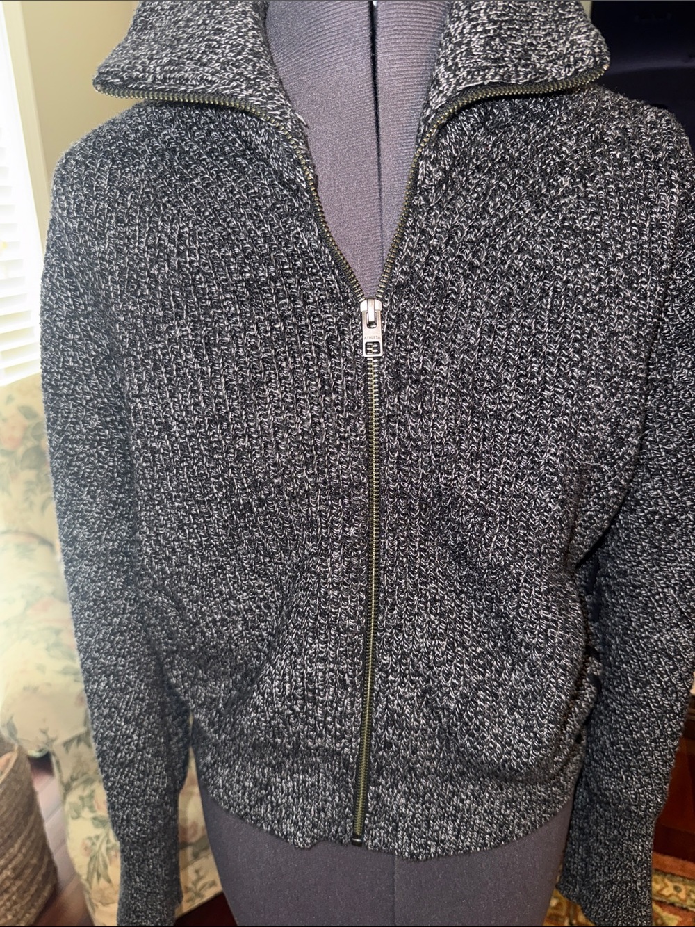 Athleta Marled Black & Gray Zip Front Sweater Jacket